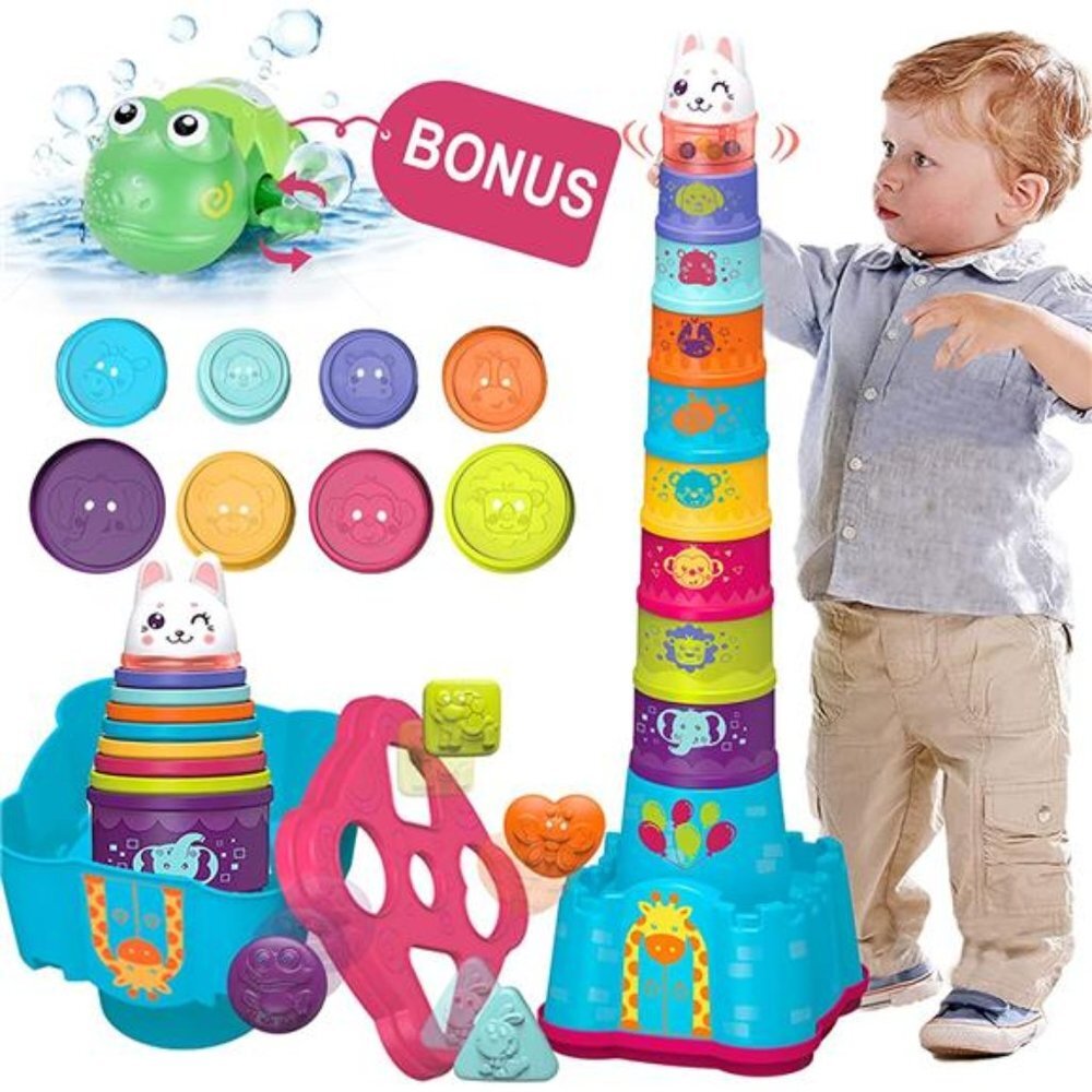 Stackable Blocks Learning Toy with Rattle & Free Frog Bath Toy for Kids